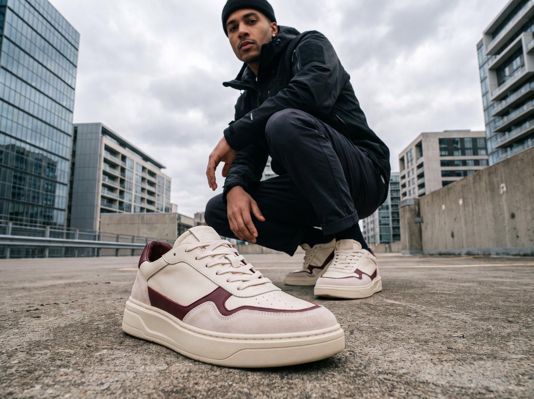 Hombre con tenis crema y borgoña en un entorno urbano
