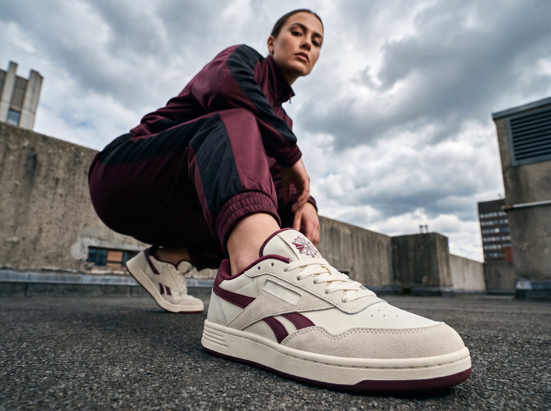 Mujer con tenis crema y borgoña en un entorno urbano